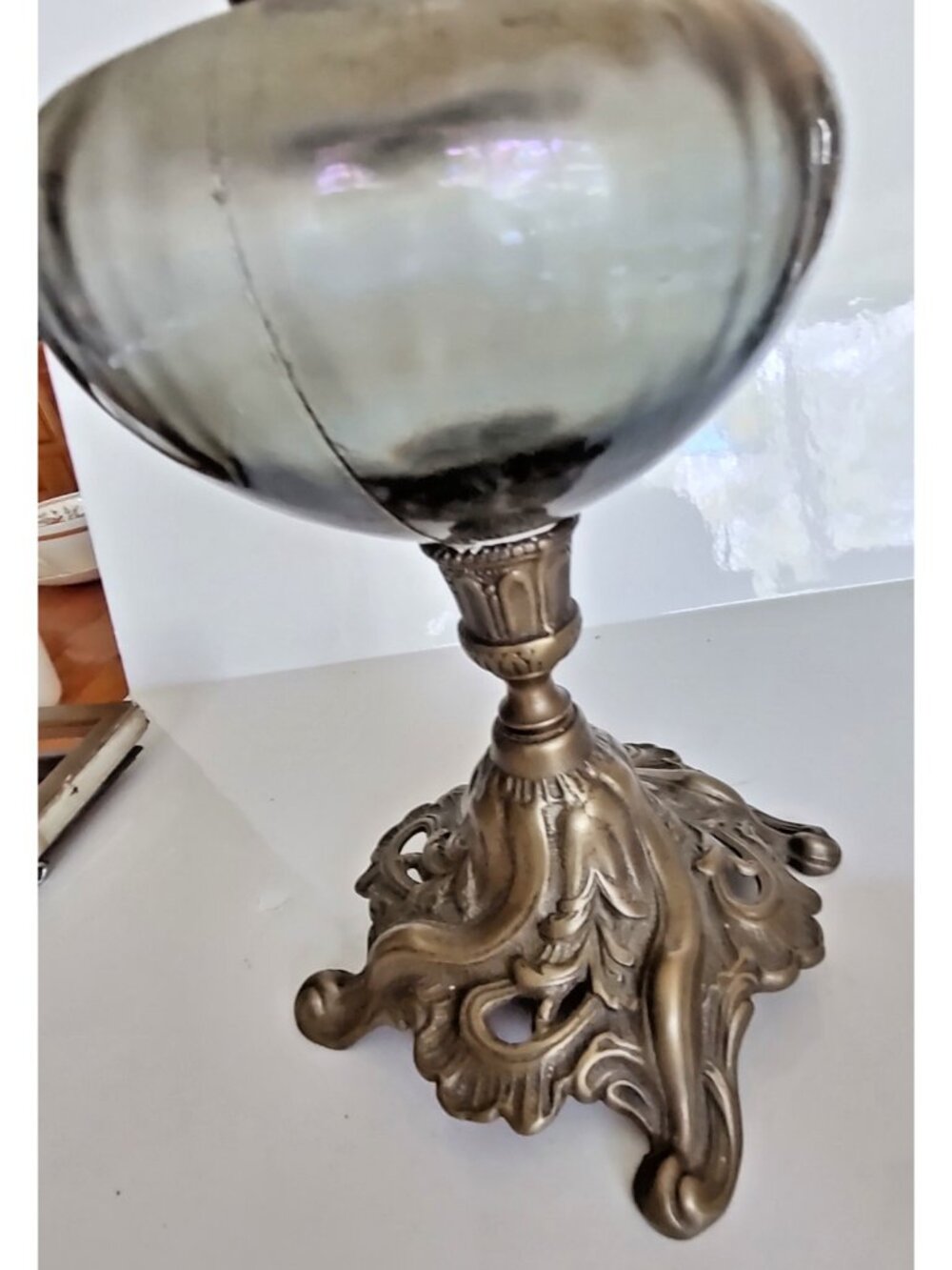 Vintage Oil Lamp Art Nouveau-style metal base glass fount 1890-1910 21" tall